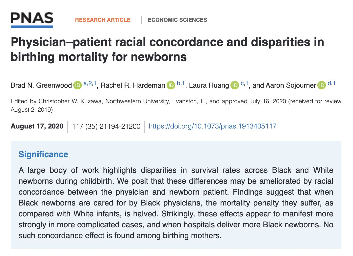 PNAS 2020 paper: Physician–patient racial concordance and disparities in birthing mortality for newborns. Greenwood, Hardeman, Huang, Sojourner. Published August 17, 2020.