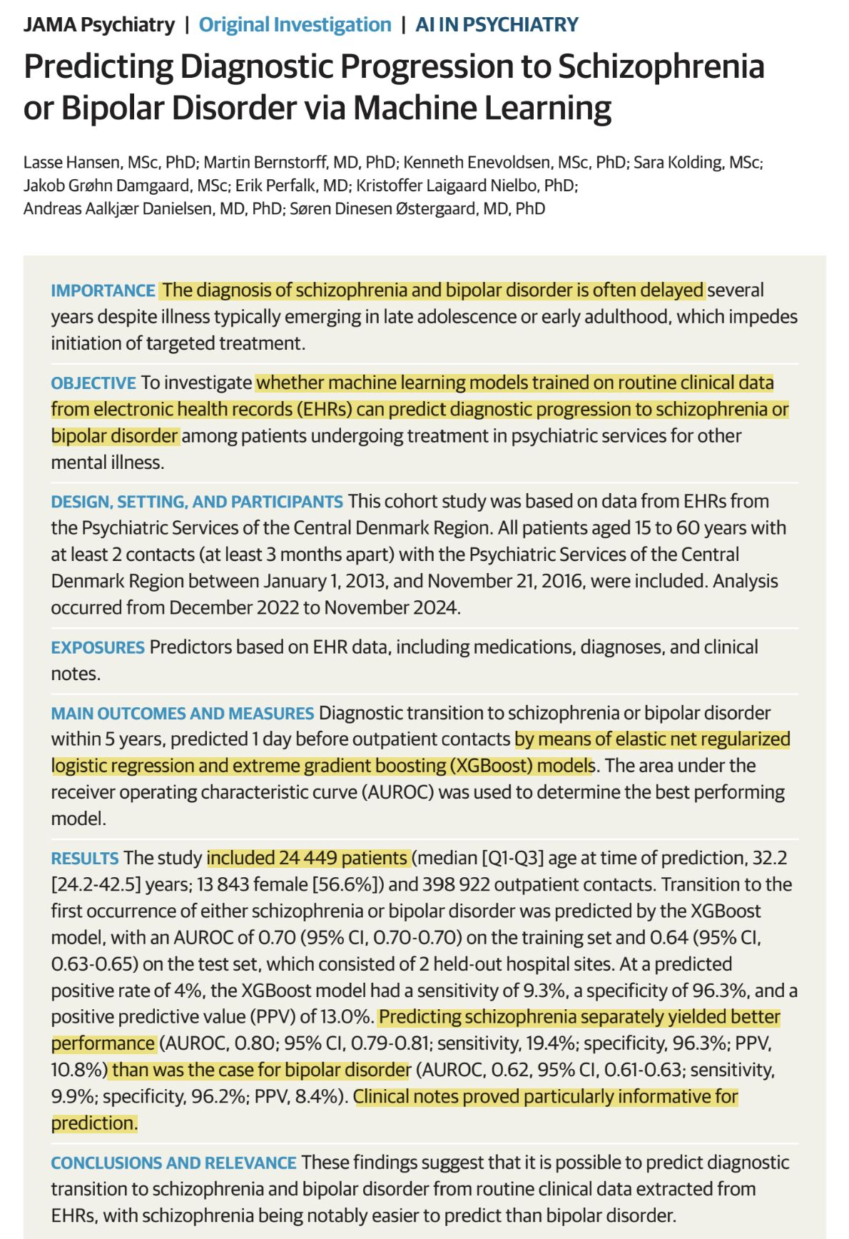 JAMA Psychiatry 2025 paper: Predicting Diagnostic Progression to Schizophrenia or Bipolar Disorder via Machine Learning. Hansen et al. Central Denmark Region EHR cohort.