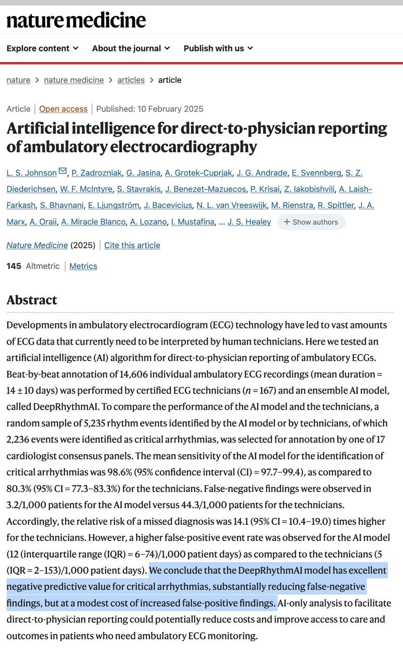 Screenshot of the Nature Medicine 2025 paper: Artificial intelligence for direct-to-physician reporting of ambulatory electrocardiography