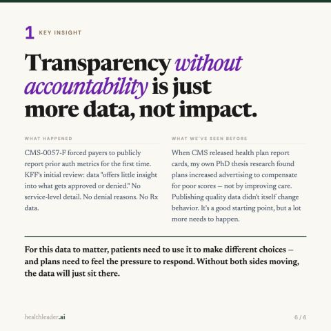 Key Insight infographic: Transparency without accountability is just more data, not impact. Shows what happened with CMS-0057-F alongside what we've seen before with health plan quality report cards.