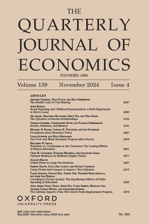 The Quarterly Journal of Economics, Volume 139, November 2024, Issue 4 — cover listing 'The Health Costs of Cost Sharing' by Chandra, Flack, and Obermayer as the lead article.