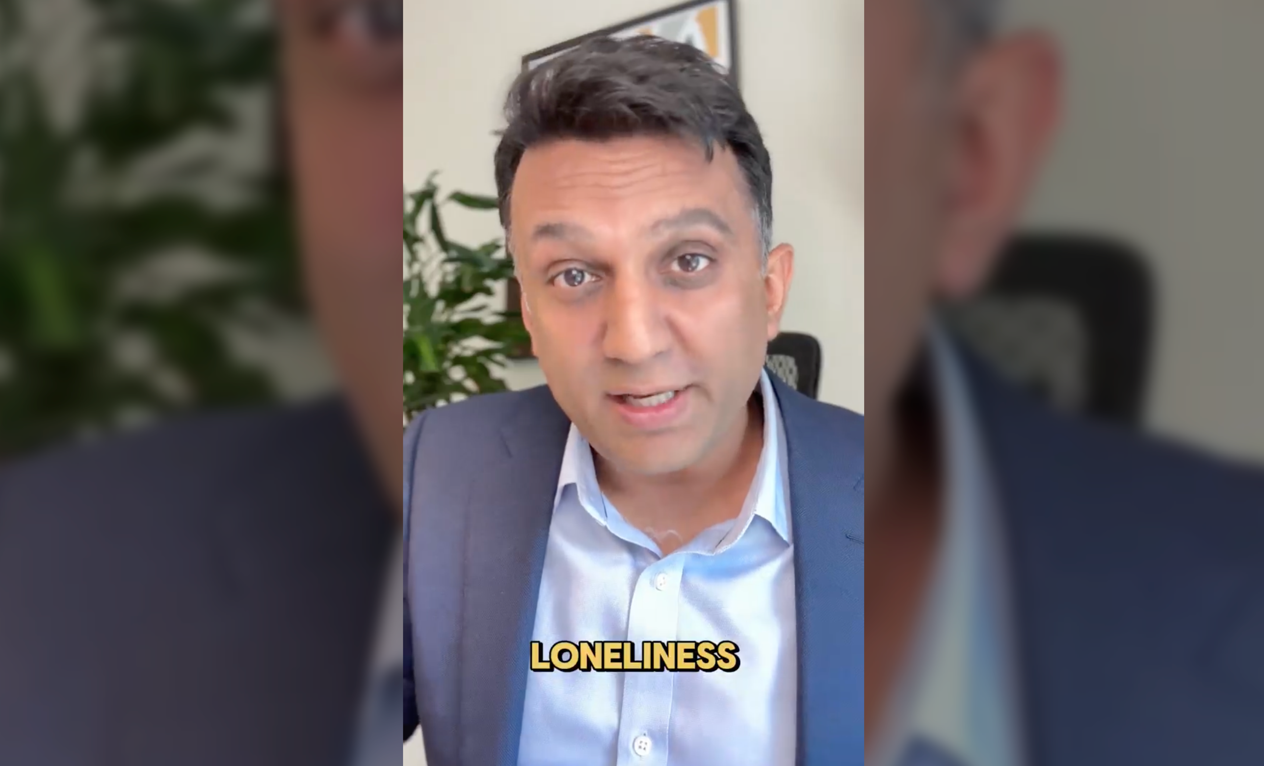 Ashwin speaking in a LinkedIn video, with caption 'Loneliness'