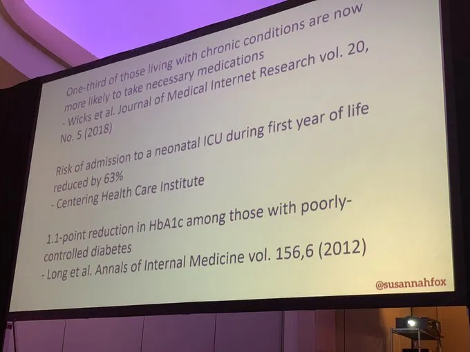 Susannah Fox's first slide of "Building the evidence base for peer health advice," citing studies on chronic conditions, neonatal ICU admissions, and HbA1c reduction.